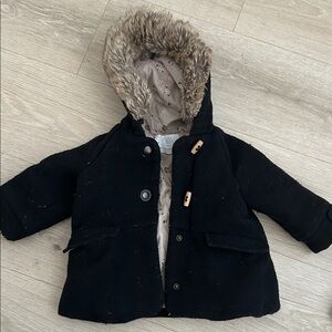 Zara Kids Black Coat with Faux Fur Hood size 12-18month Girl